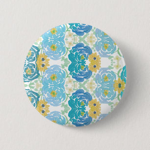 Macaron Rond 5 Cm Fleurs aquarelles bleues et jaunes