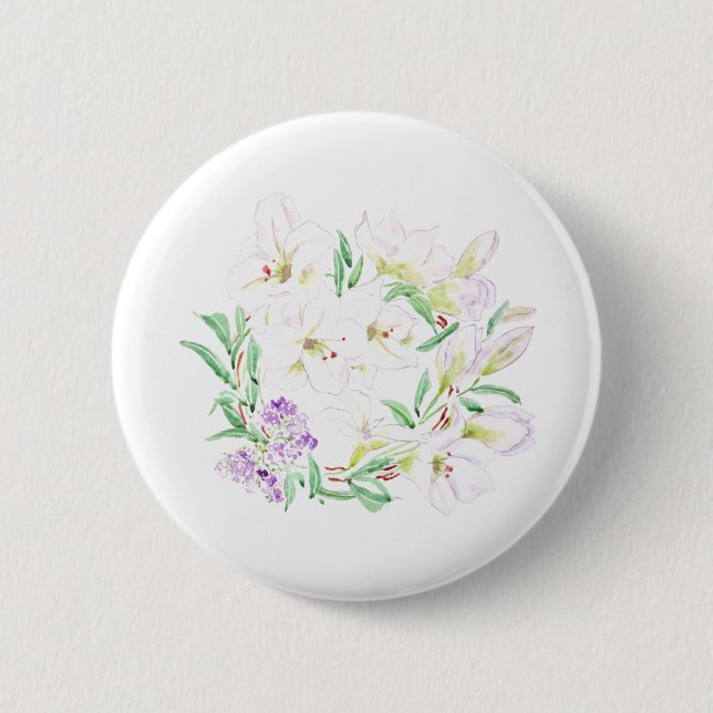 Macaron Rond 5 Cm fleurs blanches de lys couronnes aquarelle peintur (Devant)