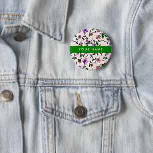 Macaron Rond 5 Cm Fleurs Colorées, Fond Rose, Vert