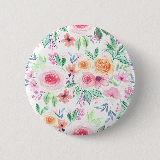 Macaron Rond 5 Cm Fleurs d'aquarelle et feuilles (Devant)