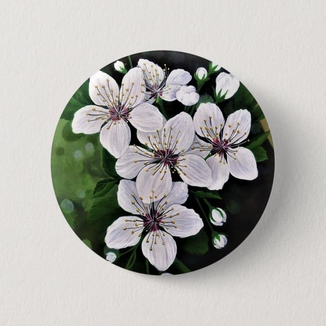 Macaron Rond 5 Cm Fleurs De Cerise Blanche En Acrylique (Devant)