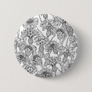 Macaron Rond 5 Cm Fleurs de Cornflowers, fleurs sauvages en noir et