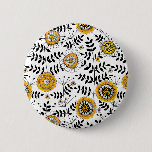 Macaron Rond 5 Cm Fleurs de gribouillis et feuilles en jaune et noir