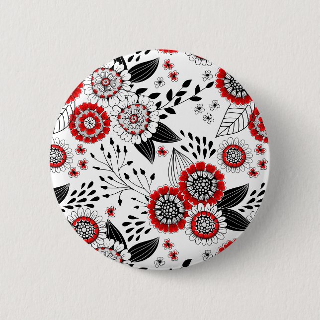 Macaron Rond 5 Cm Fleurs de gribouillis et feuilles en rouge et noir (Devant)