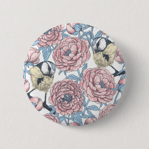 Macaron Rond 5 Cm Fleurs de pivoines et oiseaux