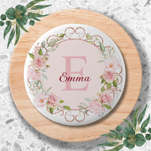 Macaron Rond 5 Cm Fleurs de rose rose poudré en aquarelle à monogram