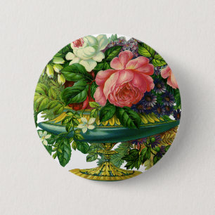 Macaron Rond 5 Cm Fleurs de roses vintage, Vase de fleurs
