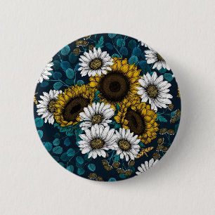 Macaron Rond 5 Cm Fleurs de soleil et marguerites, jardin d'été 2