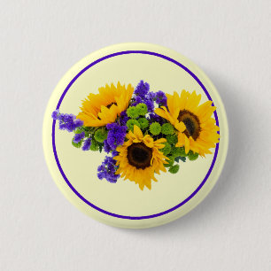 Macaron Rond 5 Cm Fleurs de soleil et Statice bleue