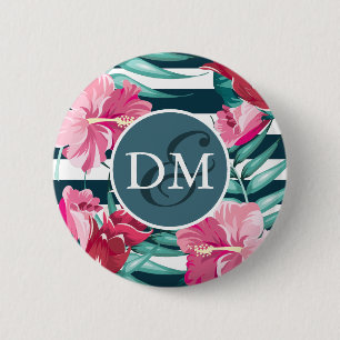 Macaron Rond 5 Cm Fleurs d'été exotiques Monogrammes rayés