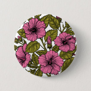 Macaron Rond 5 Cm Fleurs d'hibiscus roses