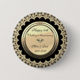 Macaron Rond 5 Cm Fleurs d'or 50e anniversaire du Mariage noir