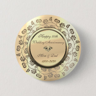 Macaron Rond 5 Cm Fleurs d'Or Diamant 50e Anniversaire de Mariage