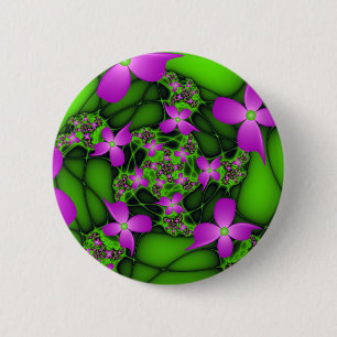 Macaron Rond 5 Cm Fleurs fractales Abstraites de néon rose vert