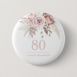 Macaron Rond 5 Cm Fleurs roses blanches 80e fête d'anniversaire