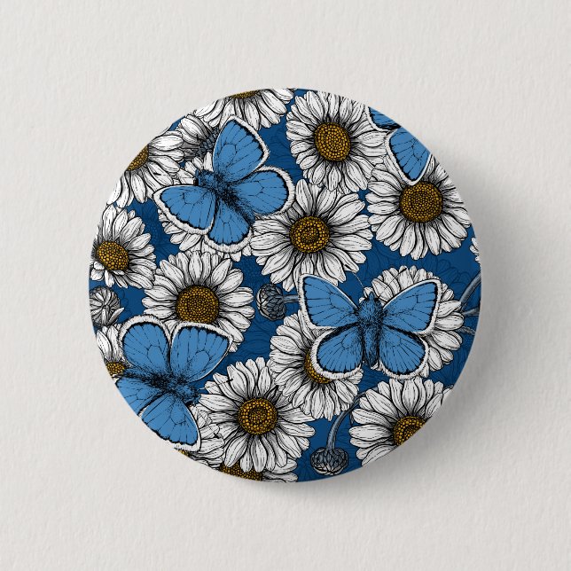 Macaron Rond 5 Cm Fleurs sauvages blanches et papillons bleus (Devant)