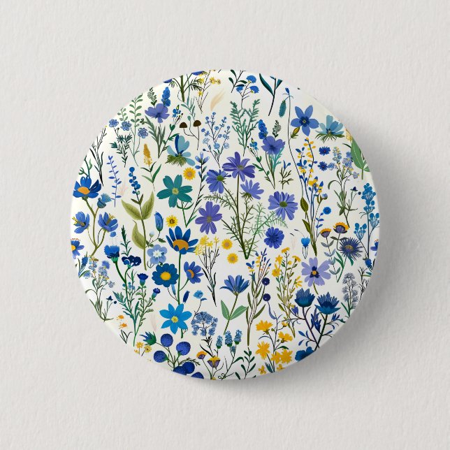 Macaron Rond 5 Cm Fleurs sauvages de Jardin Bleu Rustique (Devant)