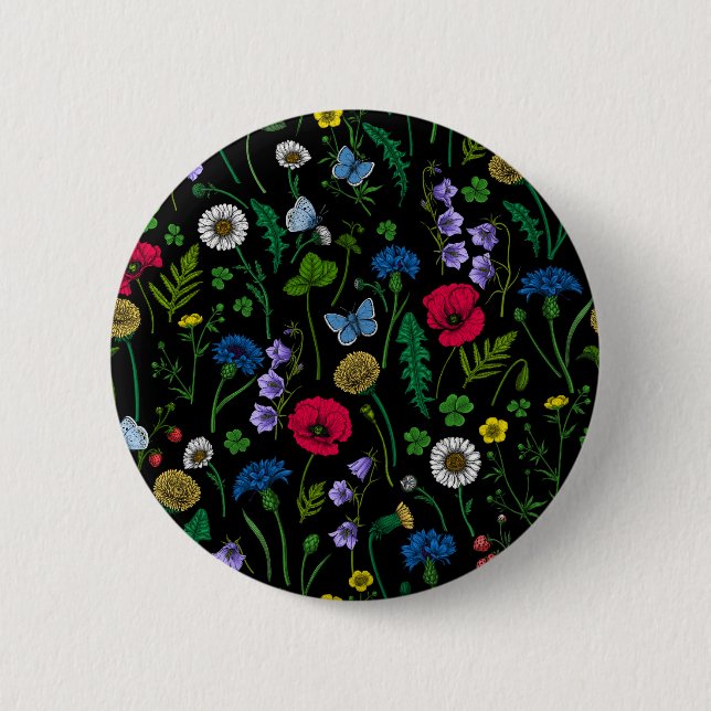 Macaron Rond 5 Cm Fleurs sauvages en noir (Devant)