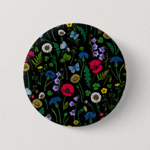 Macaron Rond 5 Cm Fleurs sauvages en noir