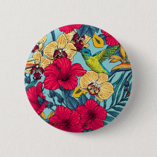 Macaron Rond 5 Cm Fleurs tropicales et colibri - Botanica d'été