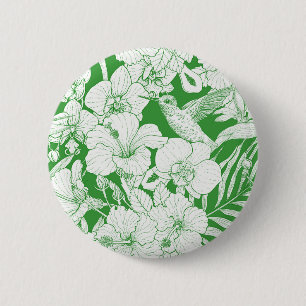 Macaron Rond 5 Cm Fleurs tropicales et colibri en vert et décalé