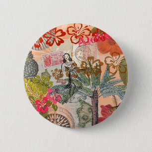 Macaron Rond 5 Cm Fleurs Vintage Hula Coloré Hawaïen Tropical