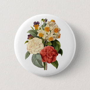 Macaron Rond 5 Cm Fleurs vintages, Camellias et Narcisse, Redoute