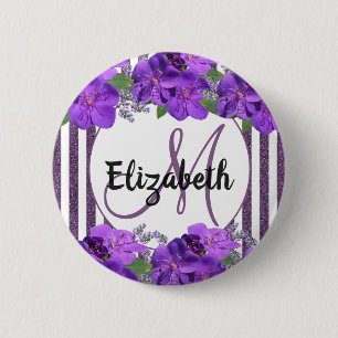 Macaron Rond 5 Cm Fleurs violettes bandes de parties scintillant bla