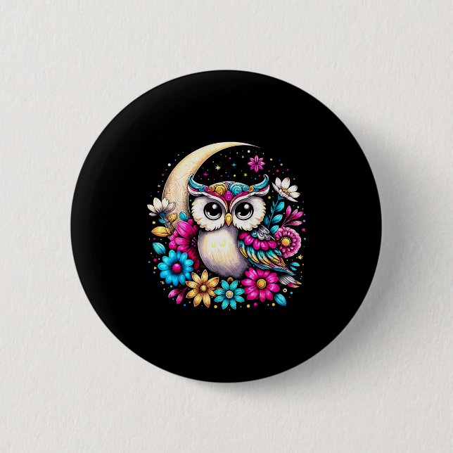 Macaron Rond 5 Cm Floral Owl And Moon  (Devant)
