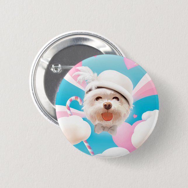 Macaron Rond 5 Cm Fluffy Dog avec Casquette blanc (Devant & derrière)