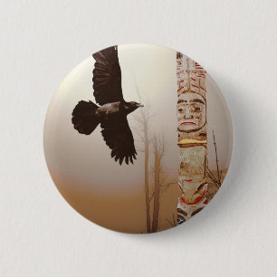 Macaron Rond 5 Cm Flying Raven & Totem-Pole Imaginaire Art