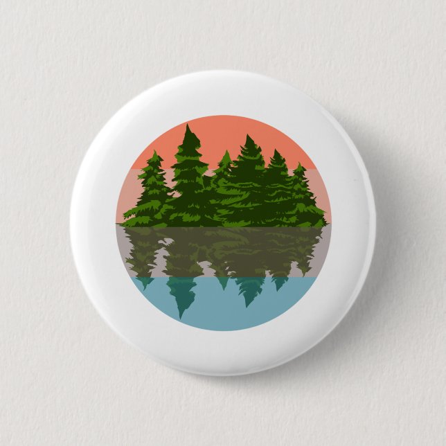Macaron Rond 5 Cm Forêt Coucher Nature Pins Arbres (Devant)