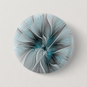 Macaron Rond 5 Cm Fractal Floral Moderne Abstrait Fleur Bleu Gris