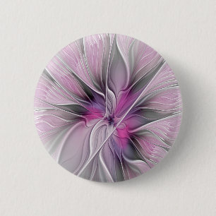 Macaron Rond 5 Cm Fractal Floral Moderne Abstrait Fleur Rose Gris