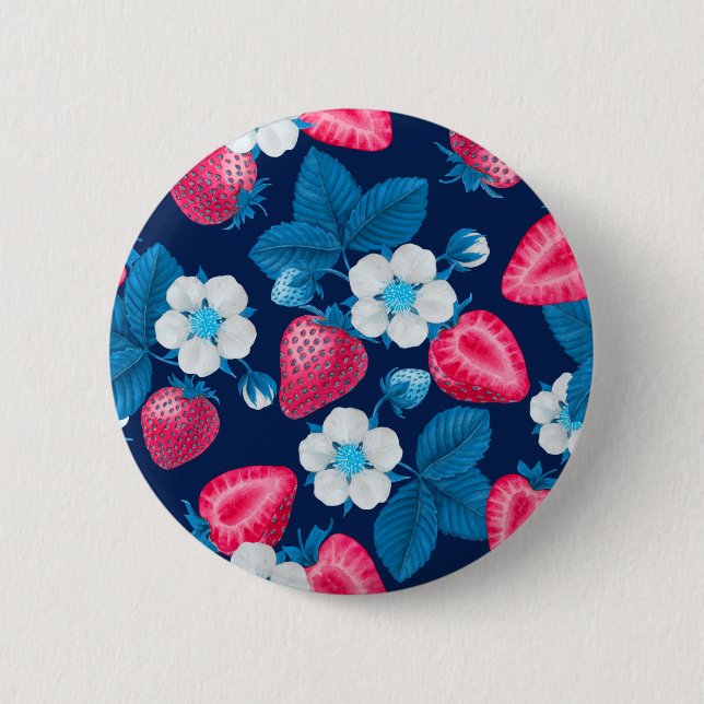 Macaron Rond 5 Cm Fraises roses sur bleu (Devant)