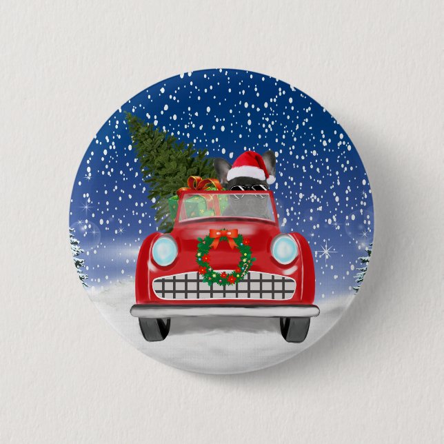 Macaron Rond 5 Cm Français Bulldog Driving Car En Noël De Neige (Devant)