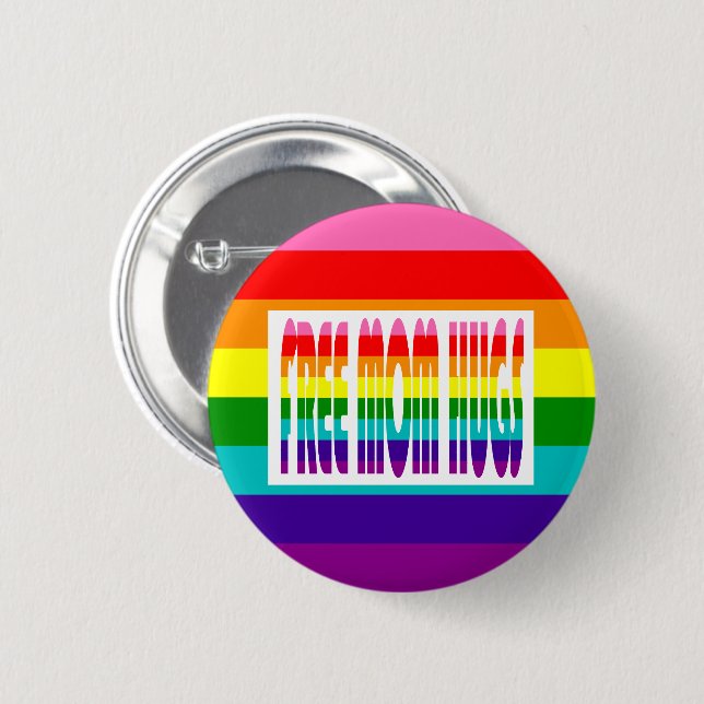 Macaron Rond 5 Cm Free Mom Hugs Bright LGBT Rainbow Typographie (Devant & derrière)