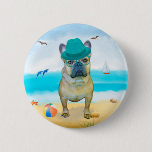 Macaron Rond 5 Cm French Bulldog sur la plage