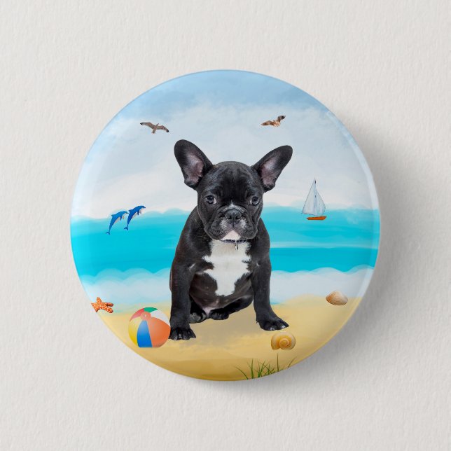 Macaron Rond 5 Cm French Bulldog sur la plage (Devant)