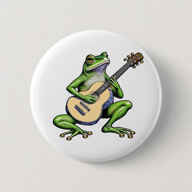 Macaron Rond 5 Cm Frog drôle Jouer de la guitare (Devant)