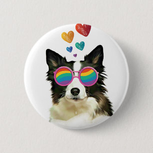 Macaron Rond 5 Cm Frontière Collie Chien avec Coeurs Saint-Valentin