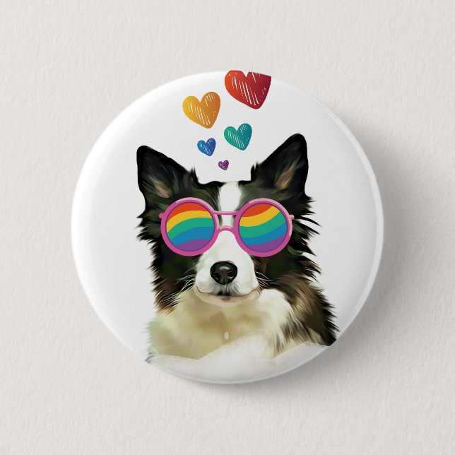 Macaron Rond 5 Cm Frontière Collie Chien avec Coeurs Saint-Valentin (Devant)