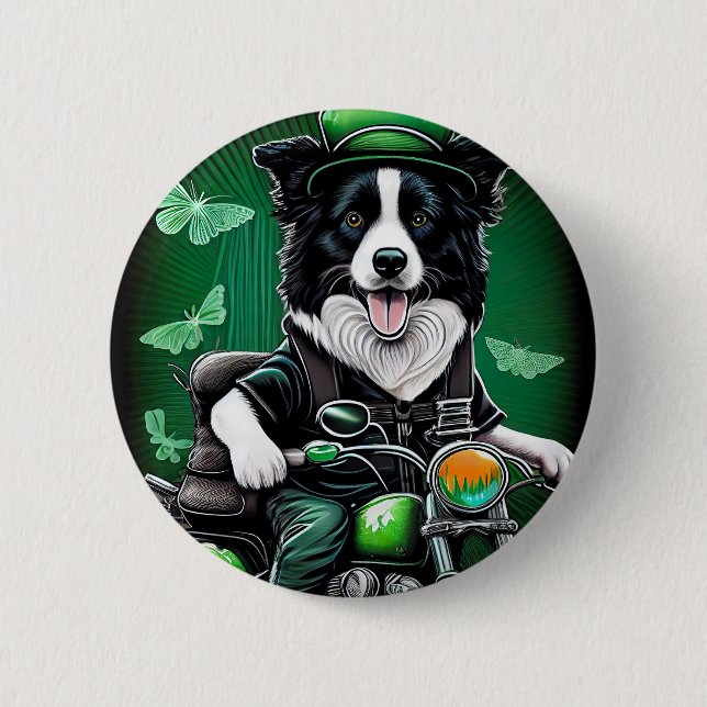 Macaron Rond 5 Cm Frontière Collie Chien Conduite Vélo St. Patrick's (Devant)