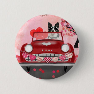Macaron Rond 5 Cm Frontière Collie voiture avec les coeurs Valentin