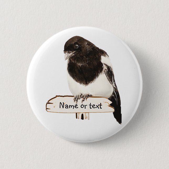 Macaron Rond 5 Cm Fun Magpie Bird avec nom ou texte personnalisé (Devant)