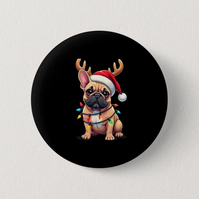 Macaron Rond 5 Cm Funky French Bulldog Christmas Light Santa Hat Rei (Devant)