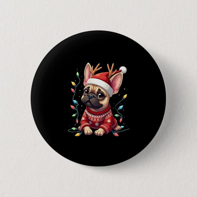 Macaron Rond 5 Cm Funky French Bulldog Christmas Light Santa Hat Rei (Devant)