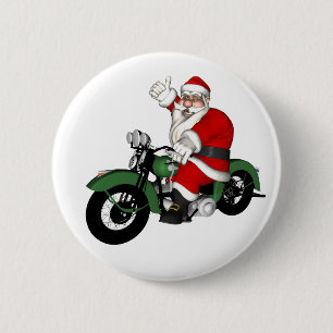 Macaron Rond 5 Cm Funky Santa Claus sur Green Vintage Motorbike