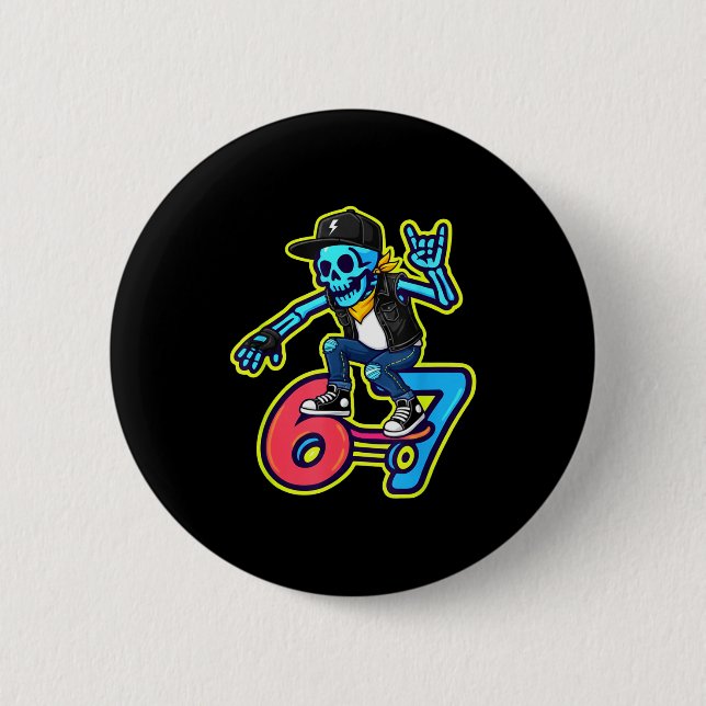 Macaron Rond 5 Cm Funny 67 Skeleton Skater Meme Retro Skateboarding  (Devant)