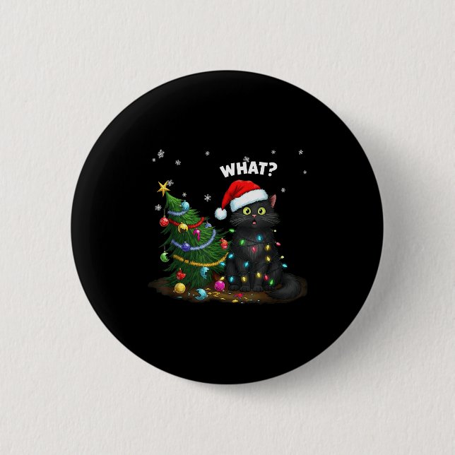 Macaron Rond 5 Cm Funny Black Cat Pushing Christmas Tree  (Devant)
